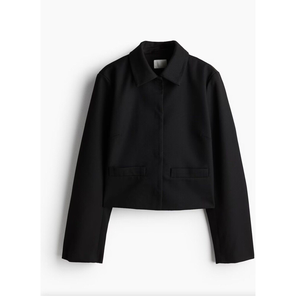 NEW H&M Women's Size XL Short Collared Jacket Black Lined W Pockets Office Siren - Picture 1 of 10